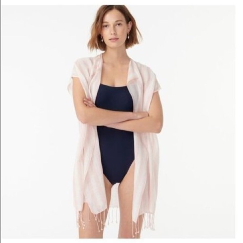 J. Crew Sheer Pink and White Striped Swim Cover-Up with Tassels